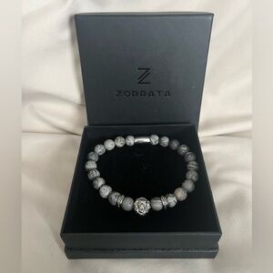 Zorrata Men’s Silver Lion Grey Jasper Beaded Bracelet
